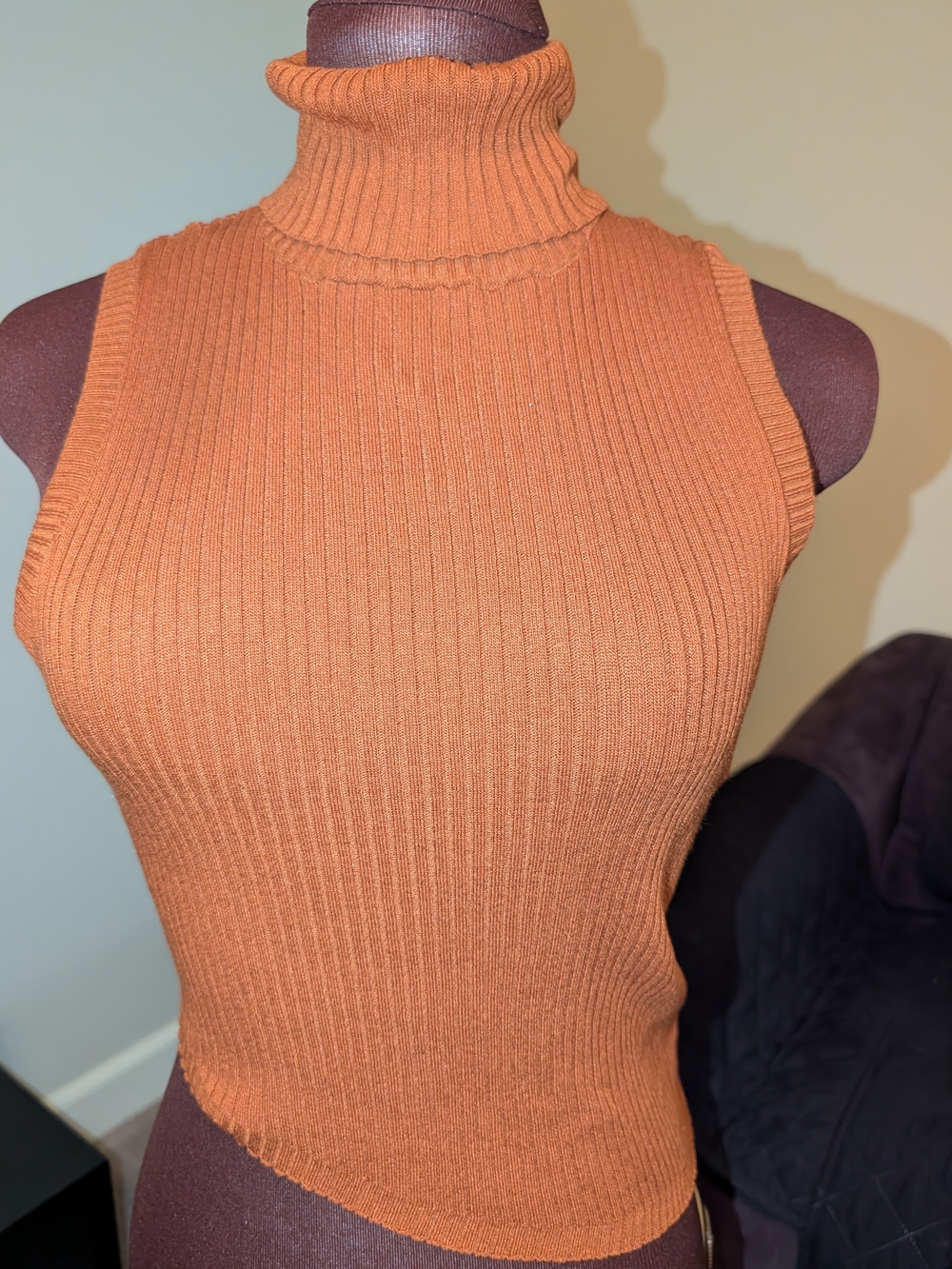 Sleeveless Turtleneck Rib Knit Top - Rust Orange Brown